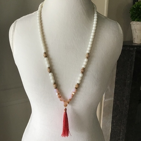 Tassel Necklace Coral Ivory Pink Faceted Beads Long Boho Adjustable Goldtone - Picture 6 of 12